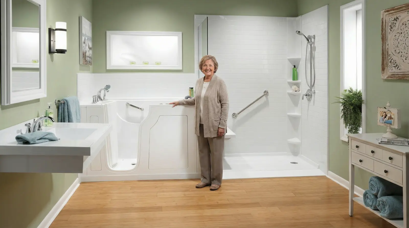 Bagno per anziani con vasca con sportello installata, signora sorridente