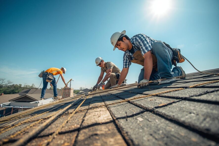Squadra di operai installatori al lavoro sul tetto in una giornata di sole: rifacimento manto coordinato a regola d'arte